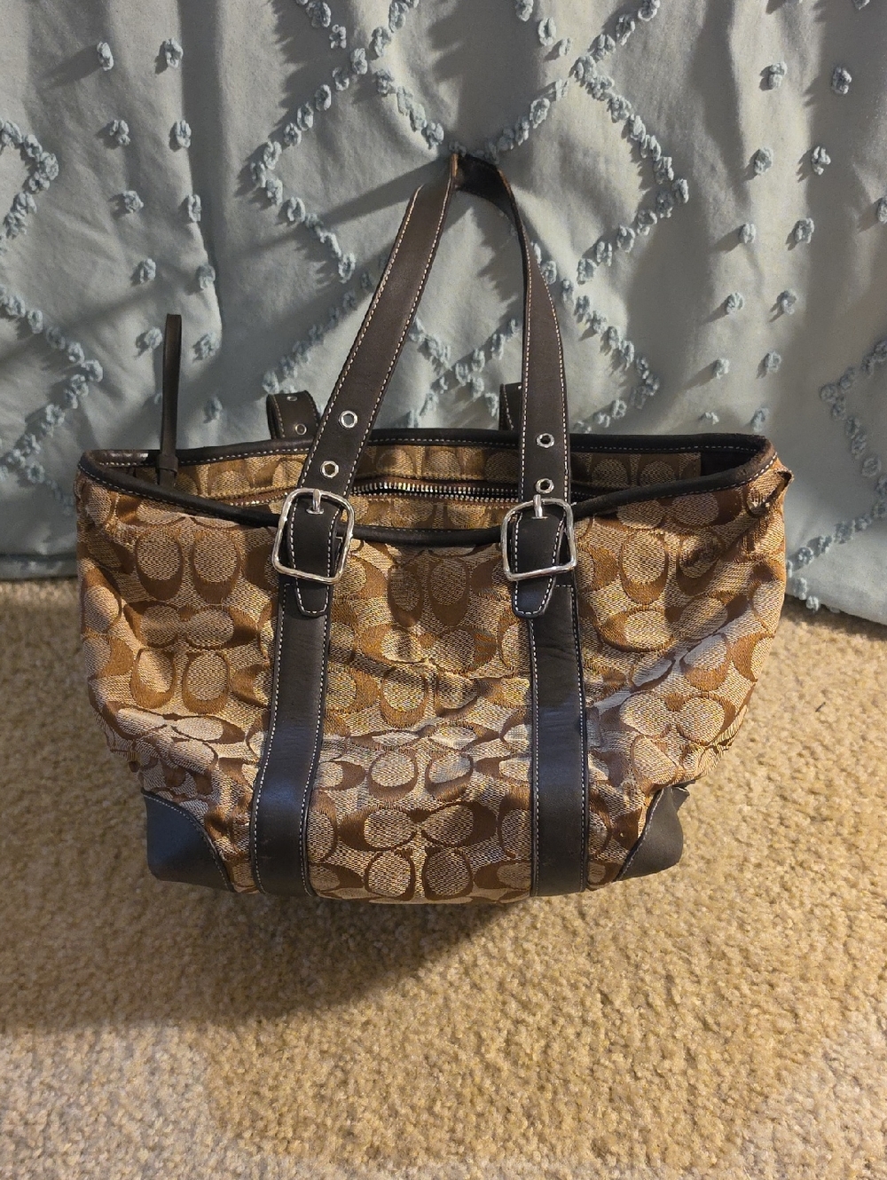 Coach Tan and Dark Brown Signature Canvas Tote